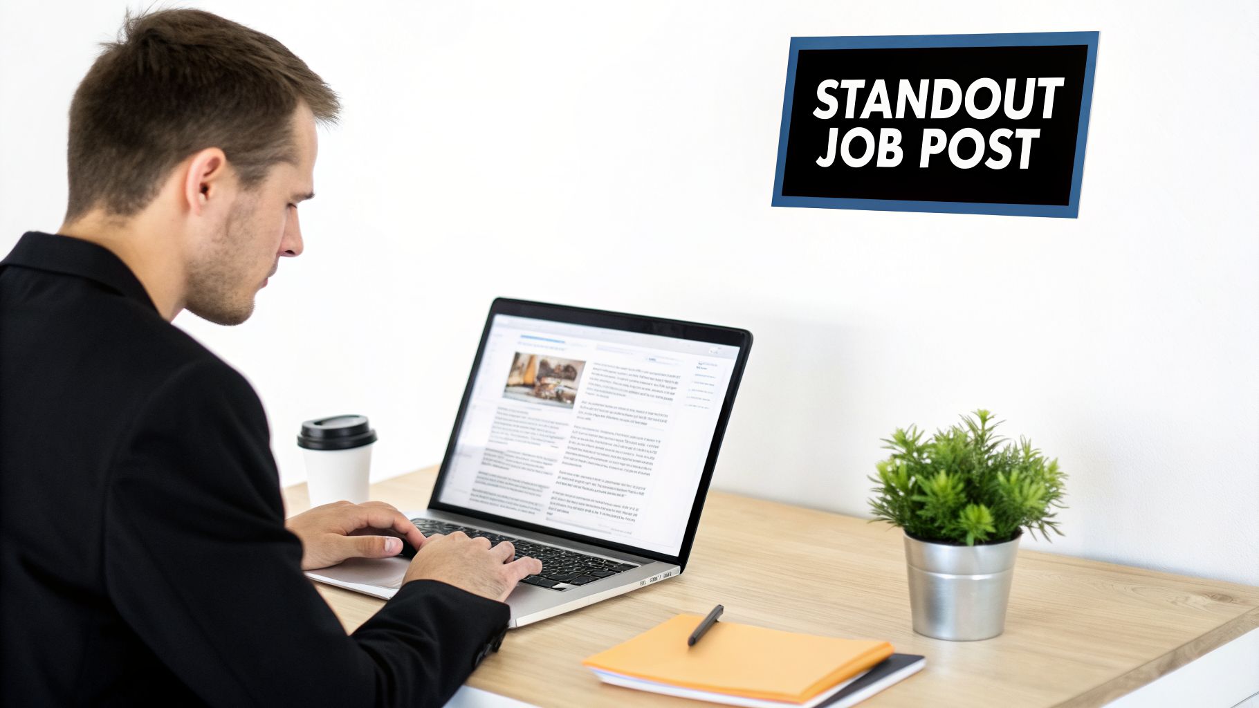 A man in a black jacket typing on a laptop at a desk with a 'STANDOUT JOB POST' sign.