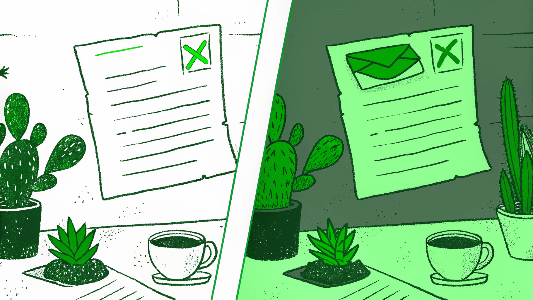 Flagged claim form frozen beside a clean verified claim reaching a payment mailbox