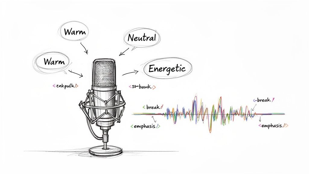 A sketch of a microphone with speech bubbles indicating 'Warm', 'Neutral', 'Energetic' voice characteristics and a waveform.