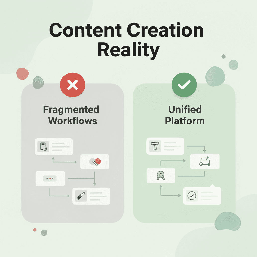 Before and after infographic showing fragmented workflows versus a unified platform