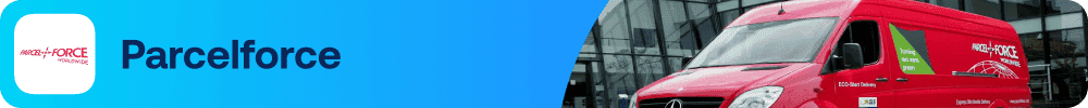ParcelForce courier logo and red delivery van