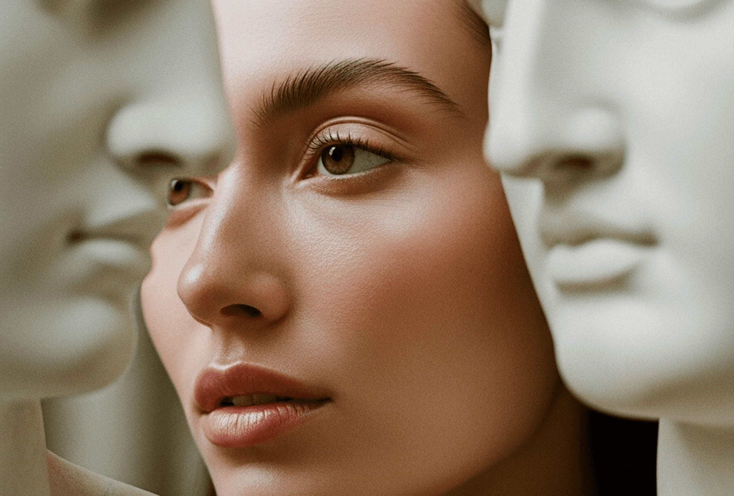 Woman between marble statues.