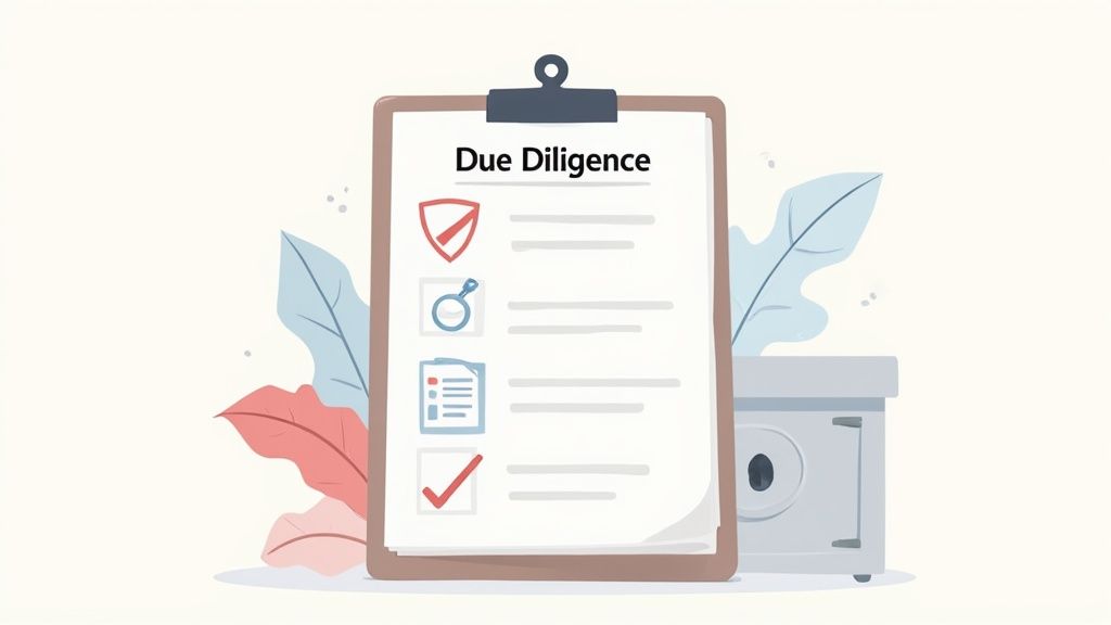 An illustration of a due diligence checklist on a clipboard with icons for security, search, and completion.