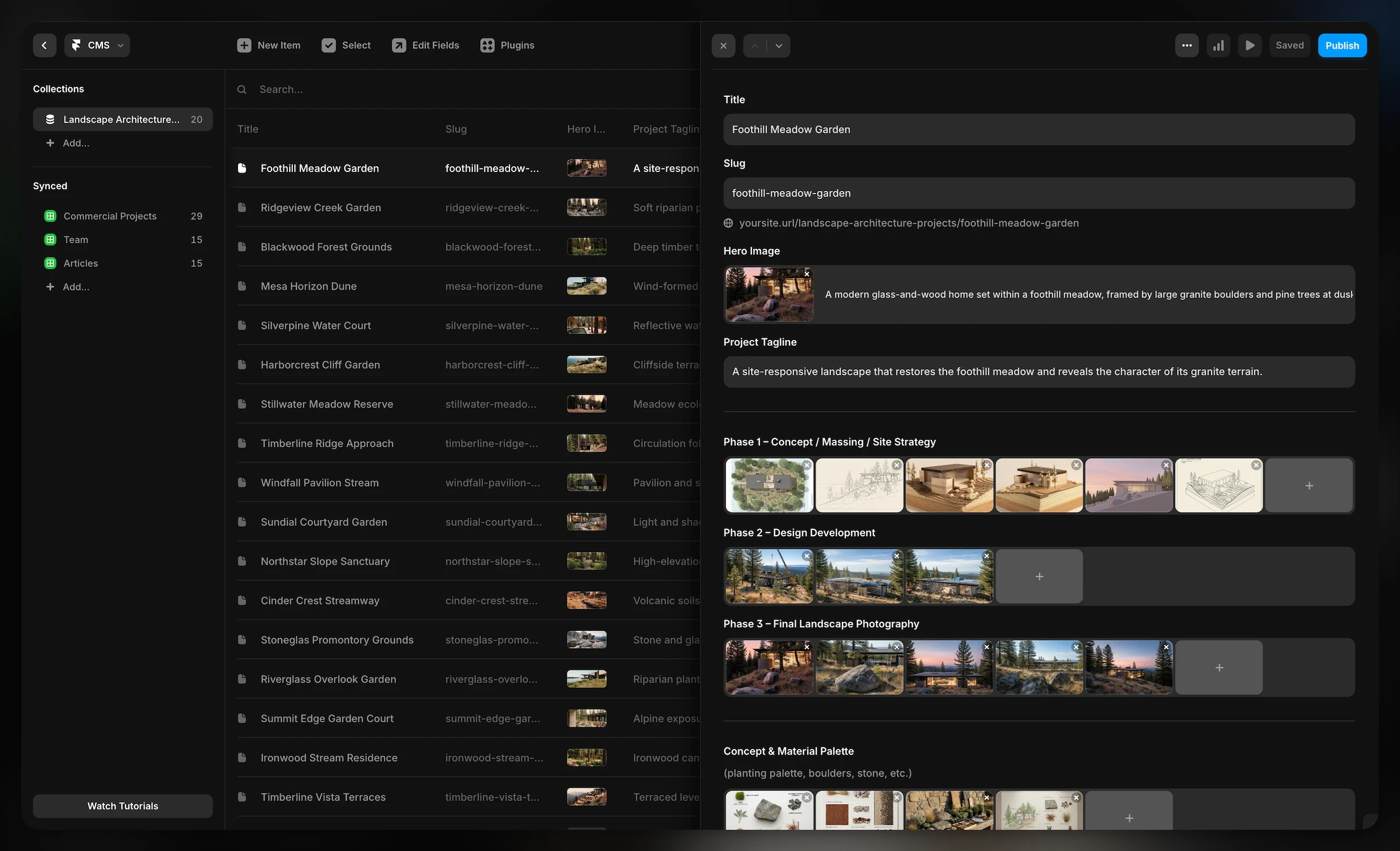 CMS interface for managing landscape architecture projects and multi-phase image sets.