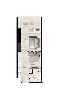 Layout of a studio-bedroom apartment at Vista by Vision, illustrating the design and flow of living spaces.