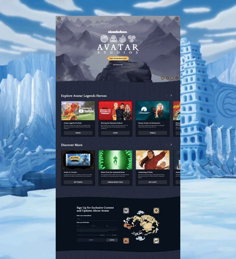 Homepage design for Avatar Studios featuring a hero section with mountain peaks, a 'Take the Bending Quiz' button, and two rows of content cards for YouTube, podcasts, and streaming services.
