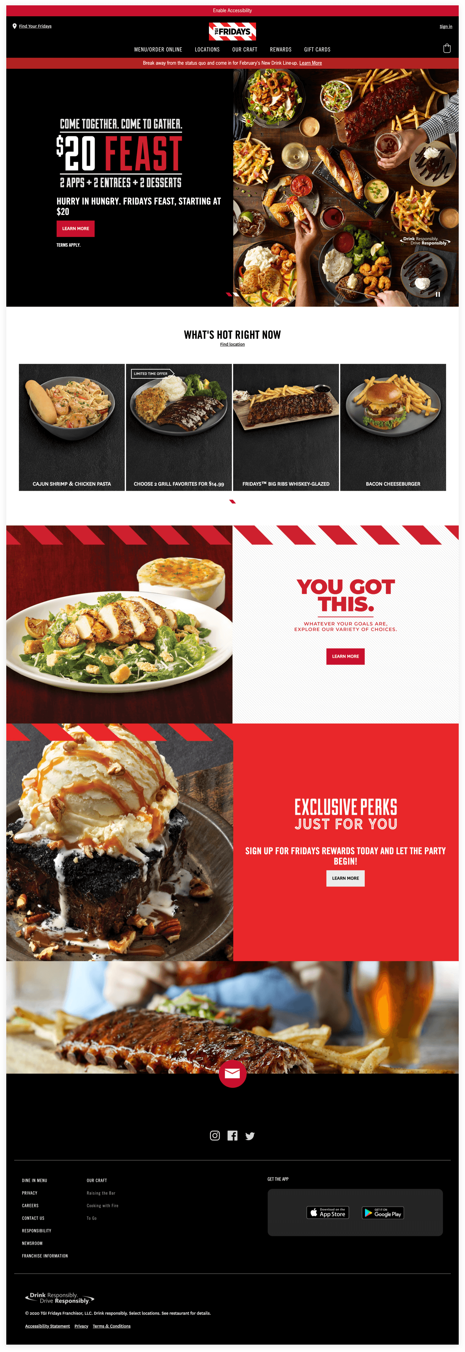 TGI Fridays website before the unsolicited copywriting redesign