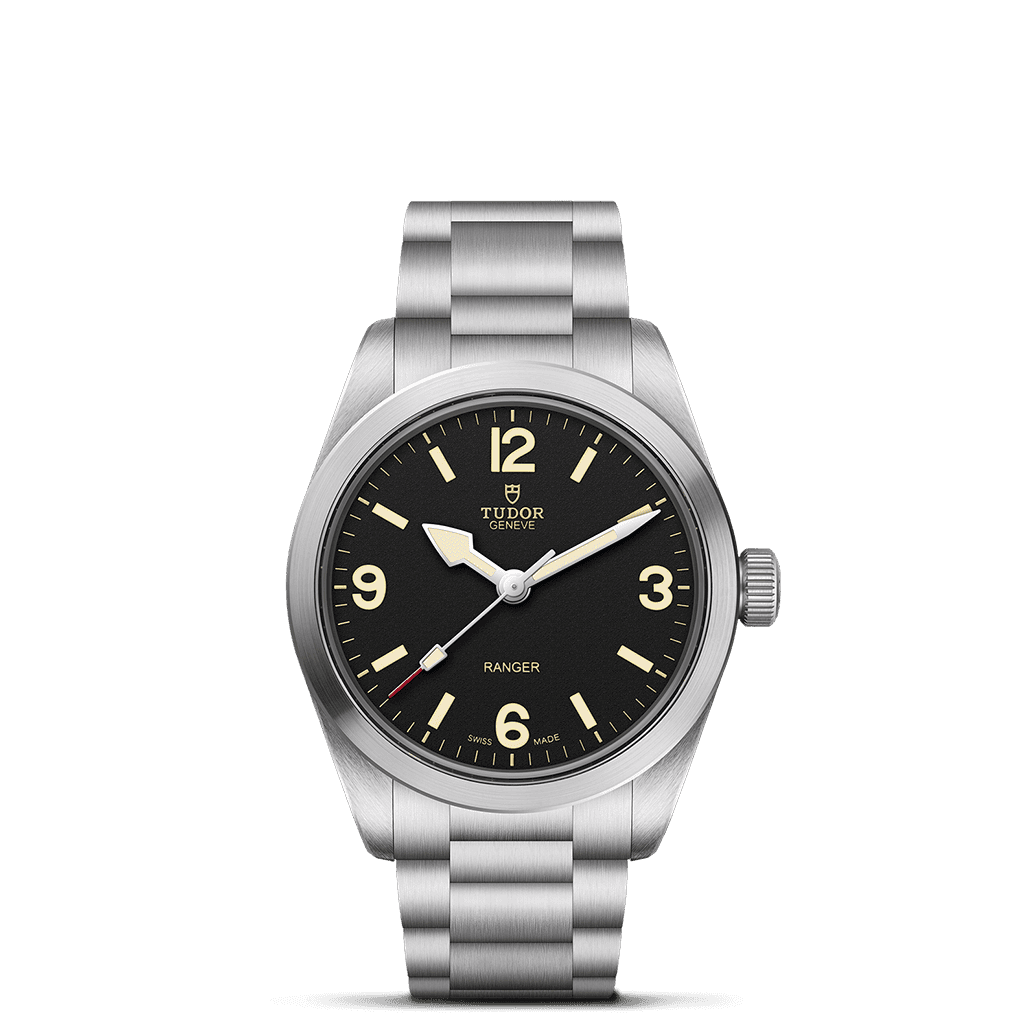 Tudor Ranger automatic field watch with a black dial, cream numerals and a stainless steel bracelet.