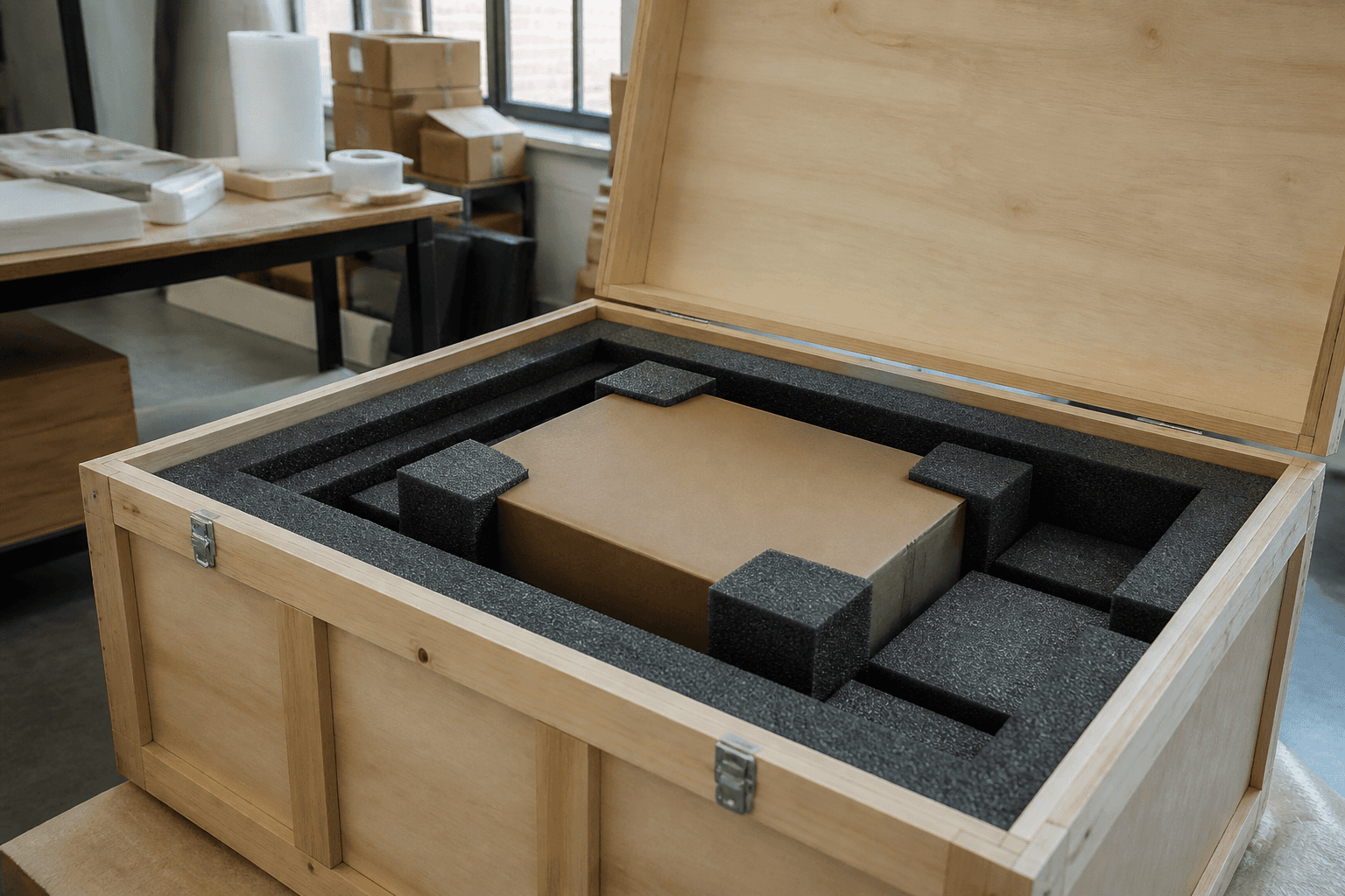 A wooden crate with foam inserts holding a boxed valuable item