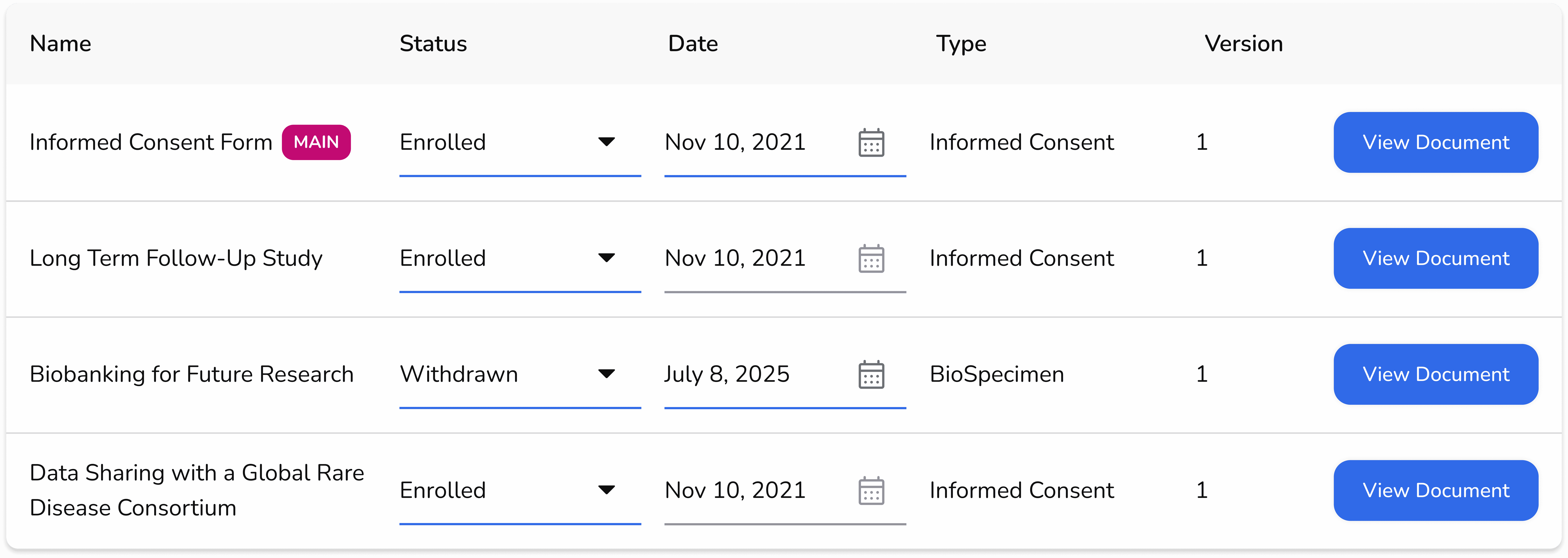 Example of a consent management table.