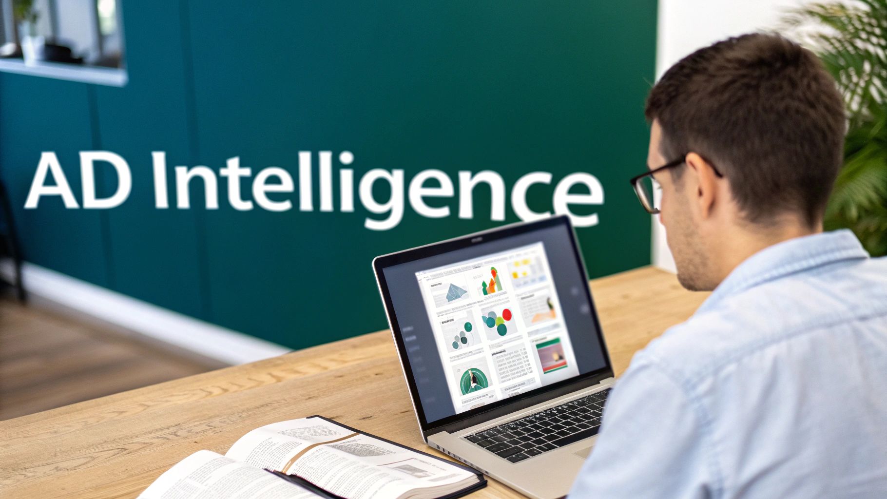 A man in glasses views a laptop with data visualizations, with 'AD Intelligence' on a green wall.