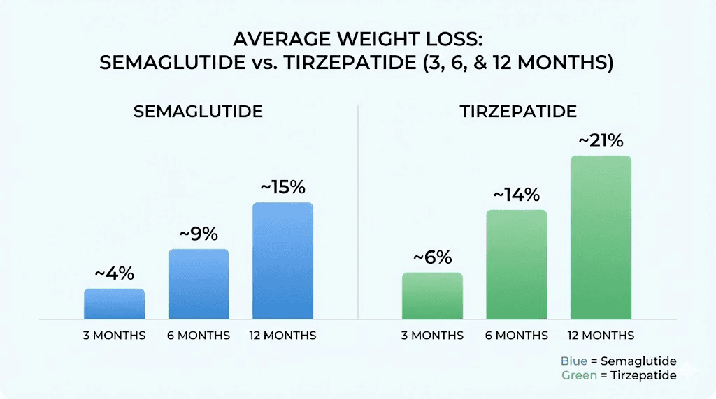 Semaglutide vs tirzepatide before and after weight loss comparison chart