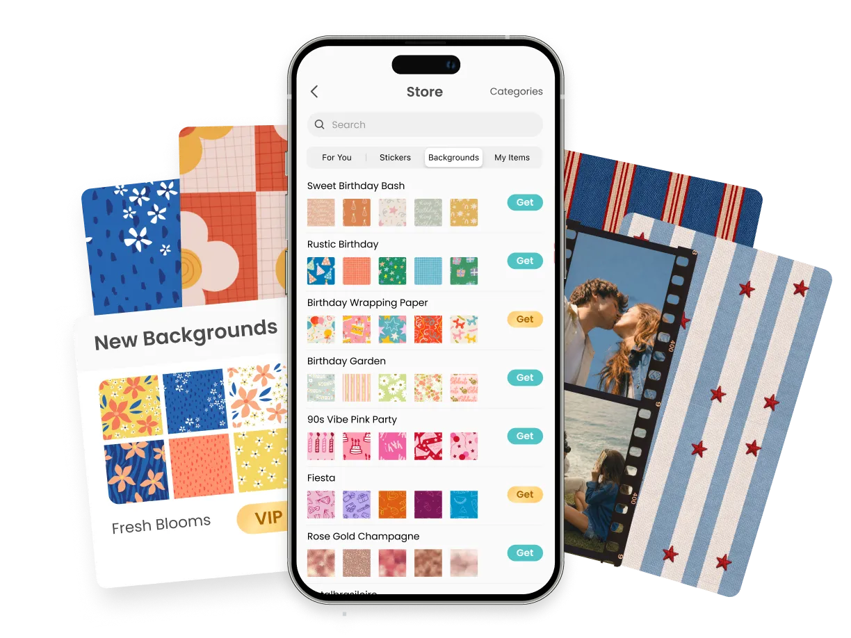 Phone showing a digital scrapbook layout with photo collage, decorative elements, and editing tools