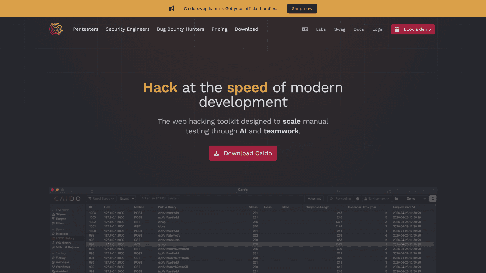 Caido homepage presenting a lightweight web security auditing toolkit