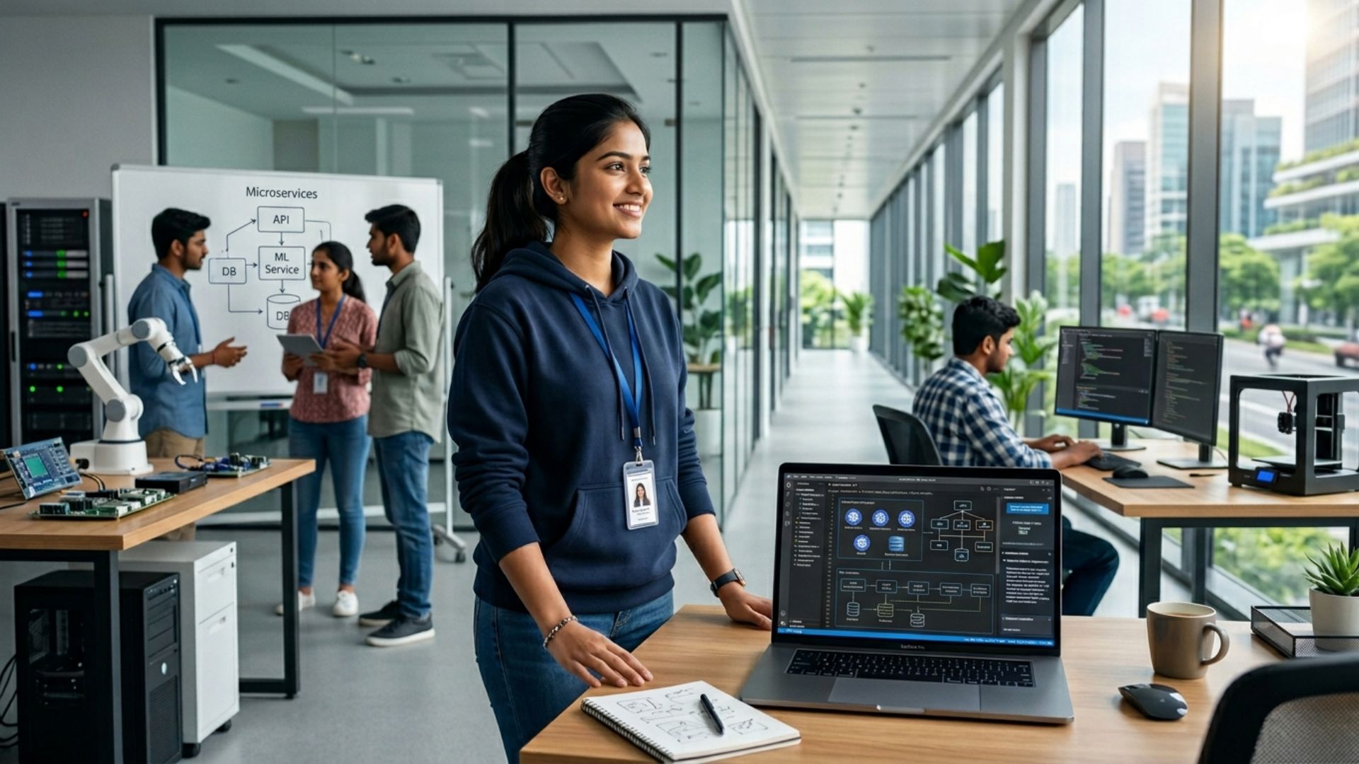 Student in a modern tech lab exploring projects and career paths while considering is software engineering future proof