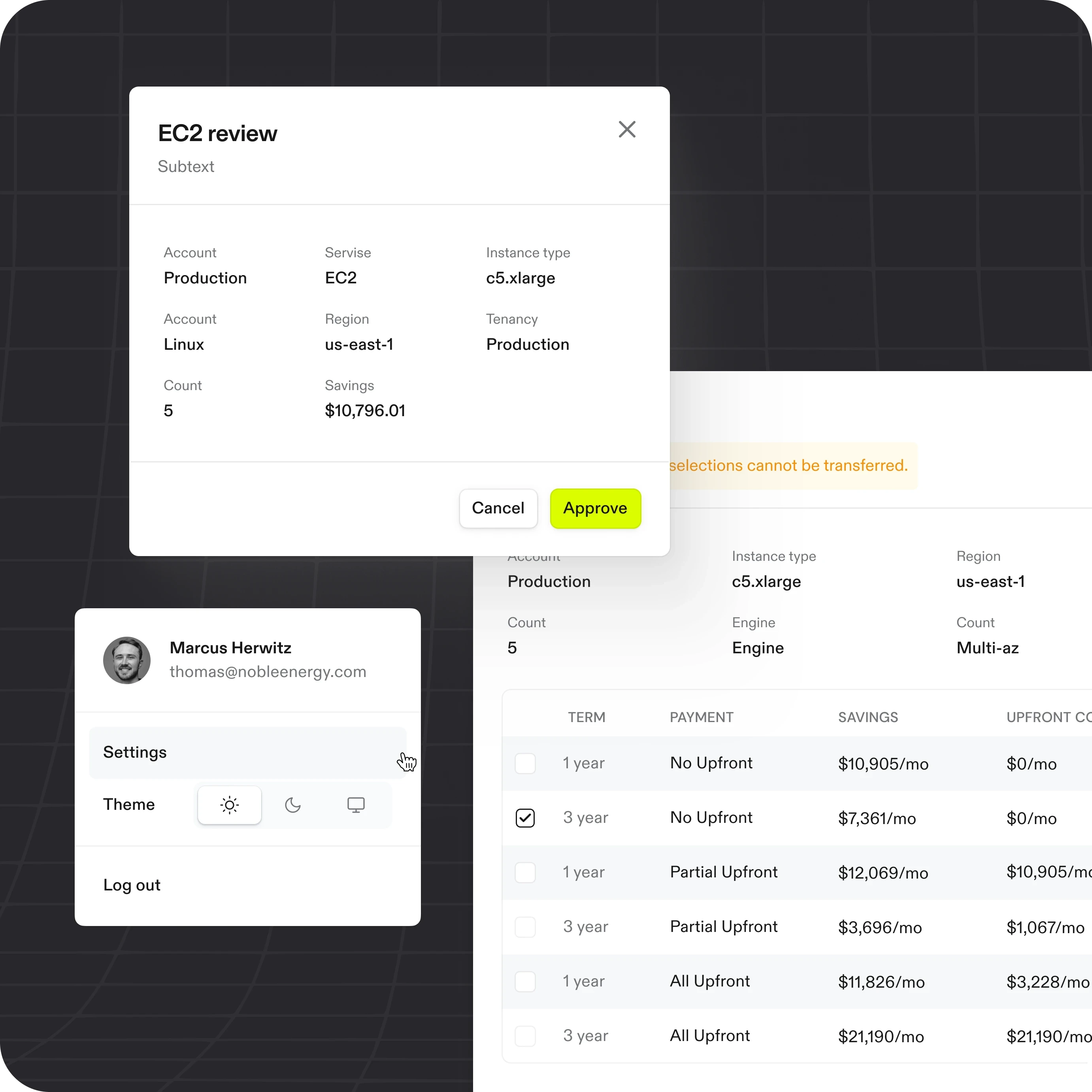 Close-up view of the Antimetal interface showing an "EC2 review" approval modal with details such as account, service (EC2), instance type (c5.xlarge), region (us-east-1), and savings ($10,796.01). The options "Cancel" and "Approve" are visible, with "Approve" highlighted in bright green. Below the modal is a table comparing payment terms and savings options, alongside a user profile card displaying "Marcus Herwitz," their email, and settings for themes and logout options. The background features a dark grid pattern.