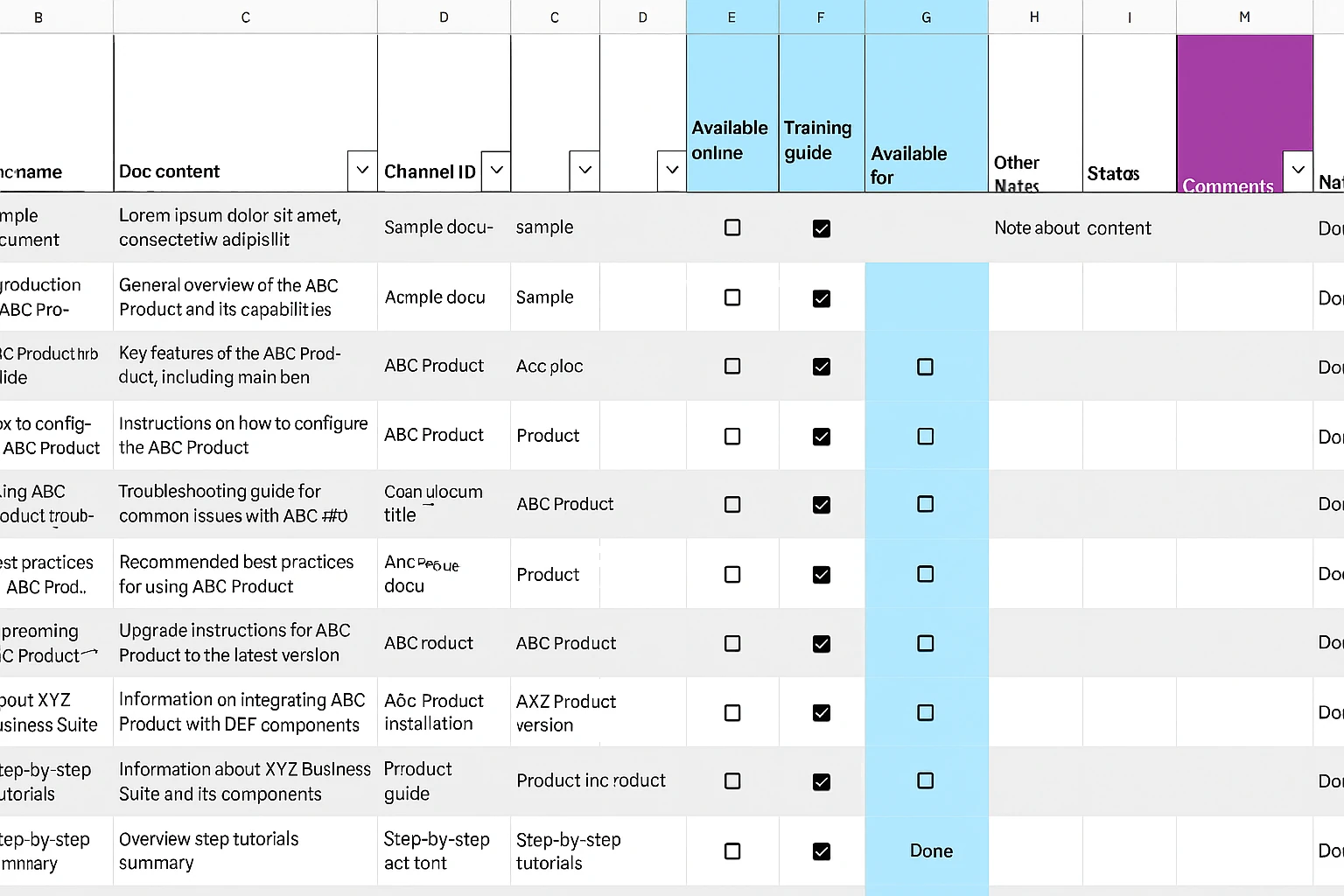 Old knowledge base tracker spreadsheet