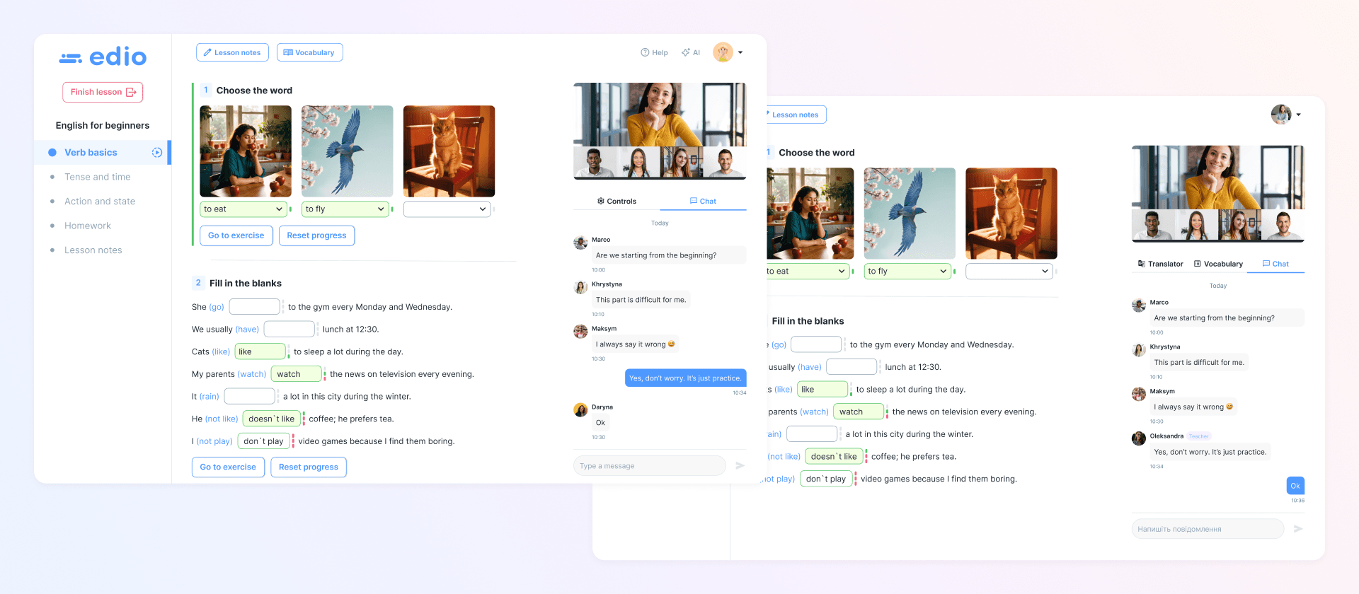 edio virtual classroom showing teacher and student views side by side — lesson navigation, fill in the blank exercises, real-time answers, and built-in chat