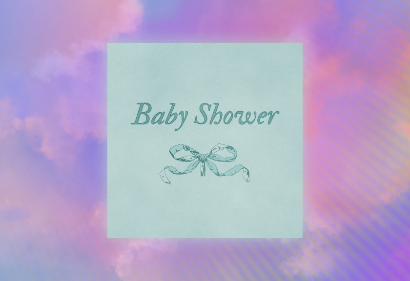 igital baby shower invitation with a dreamy pink and purple gradient background and a vintage-style “Baby Shower” card with a bow in the center.