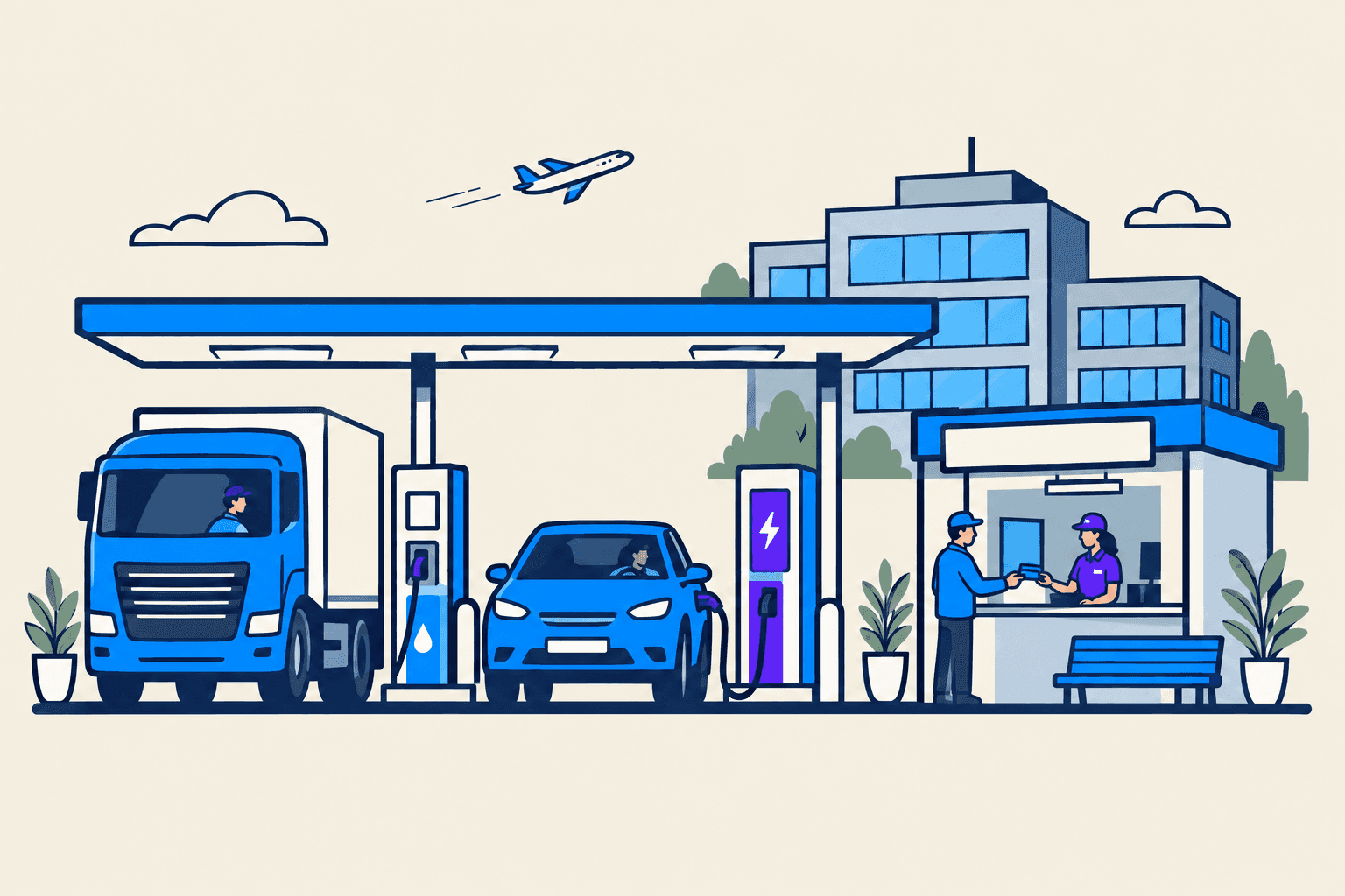 Ein Lastwagen und ein Firmenwagen an einer Tankstelle mit Ladesäule, ein Fahrer zahlt mit Karte; im Hintergrund ein Bürogebäude und ein kleines Flugzeug