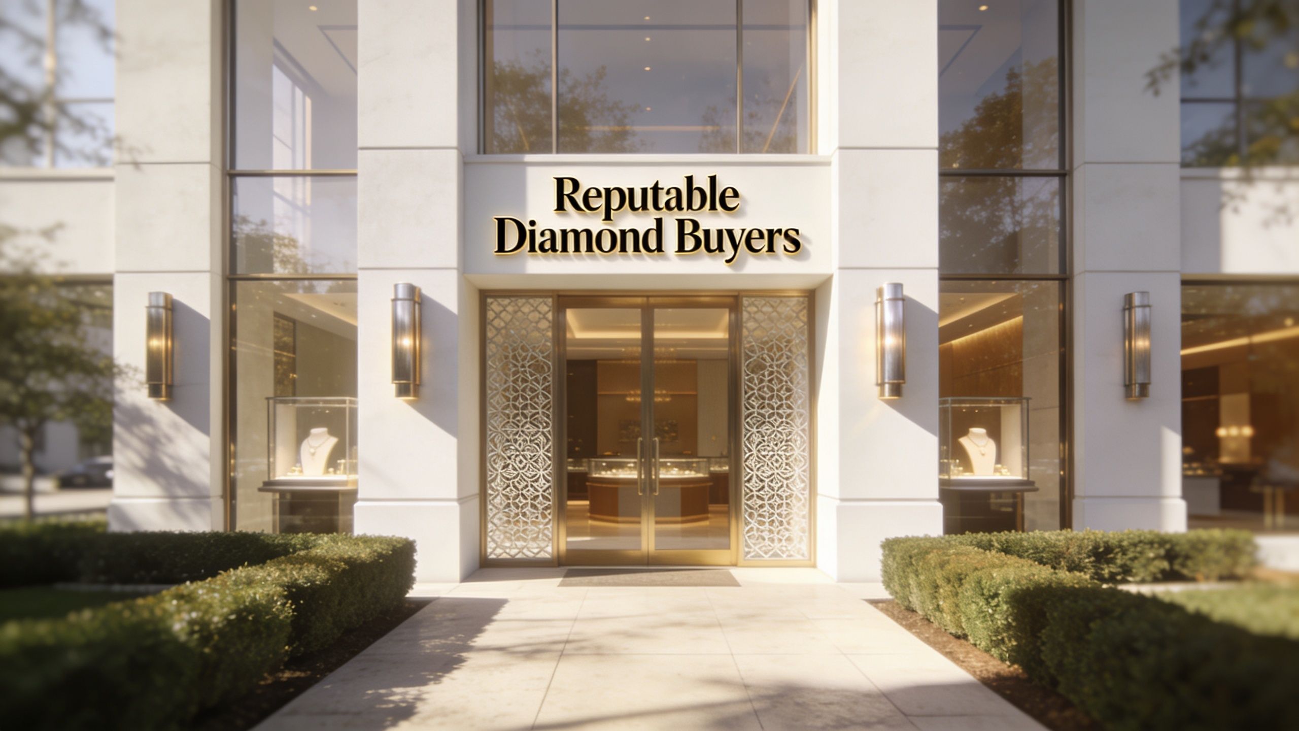 A luxurious storefront entrance featuring gold lettering for Reputable Diamond Buyers with displays of elegant jewelry inside.