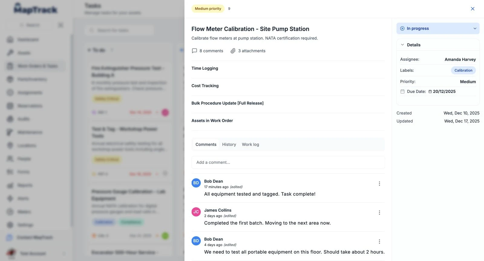 MapTrack maintenance detail view showing service history and asset information.