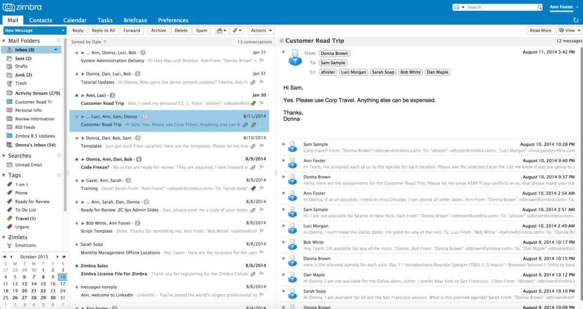 screenshot of zimbra mail workspace