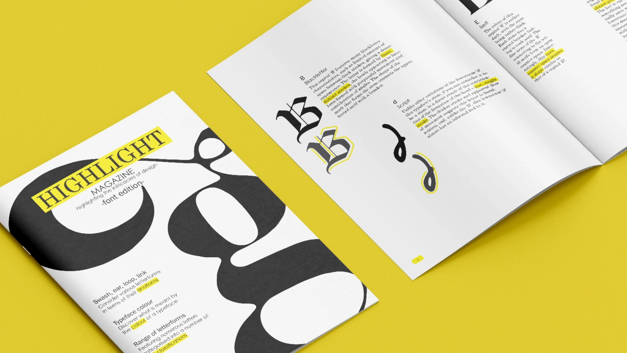 Front cover and an open page of the Highlight magazine, featuring large ‘g’, ‘b’, and ‘d’ letterforms.