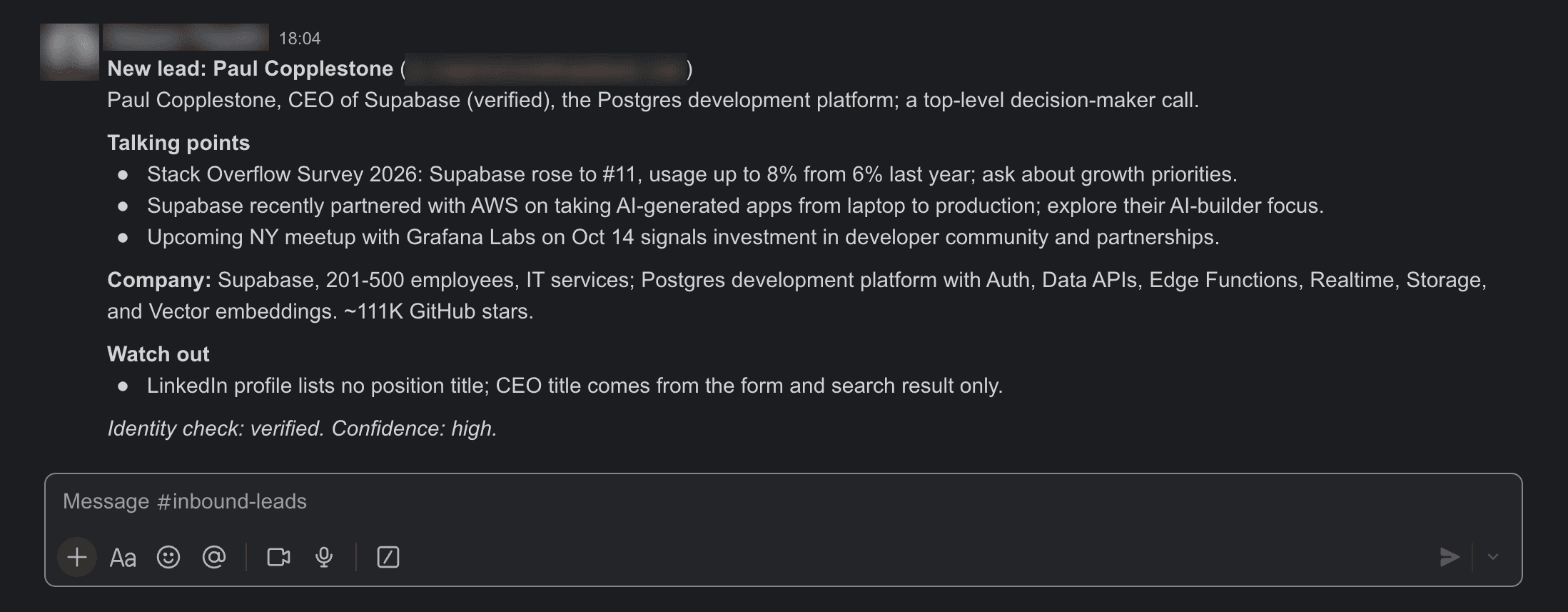Slack message in the inbound-leads channel, with the sender and email blurred. It shows the new-lead title for Paul Copplestone, a headline naming the CEO of Supabase (verified), 3 talking points, a company snapshot, 1 item under Watch out, and an identity check marked verified.