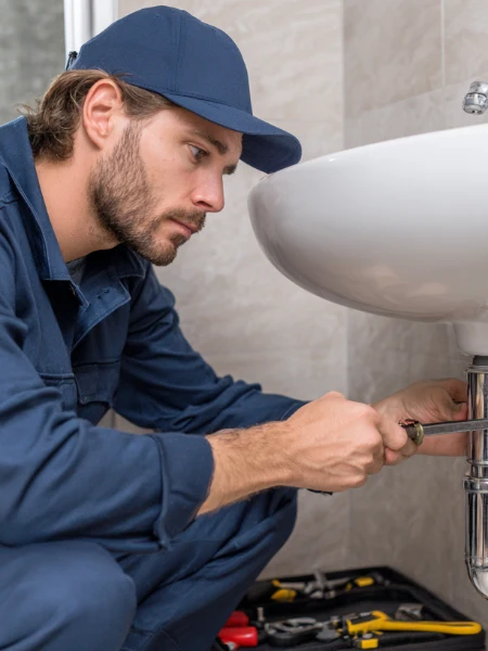 Plumber working on bathroom sink
