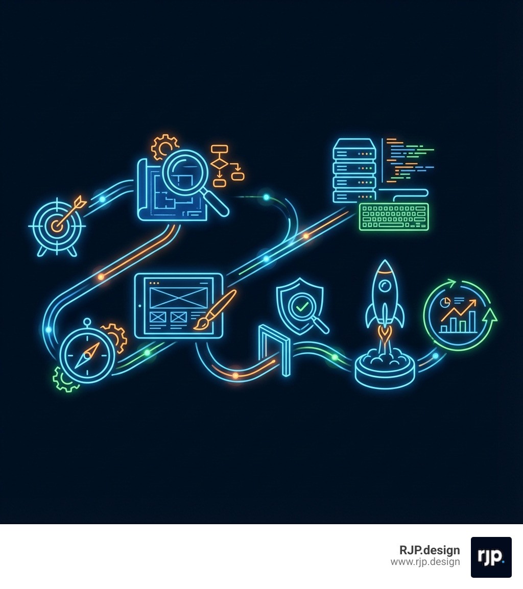 infographic showing the website design journey from initial business goals and strategy through discovery and planning, design and prototyping, development and coding, testing and quality assurance, to final launch and ongoing optimization with metrics tracking - website designing agency infographic 
