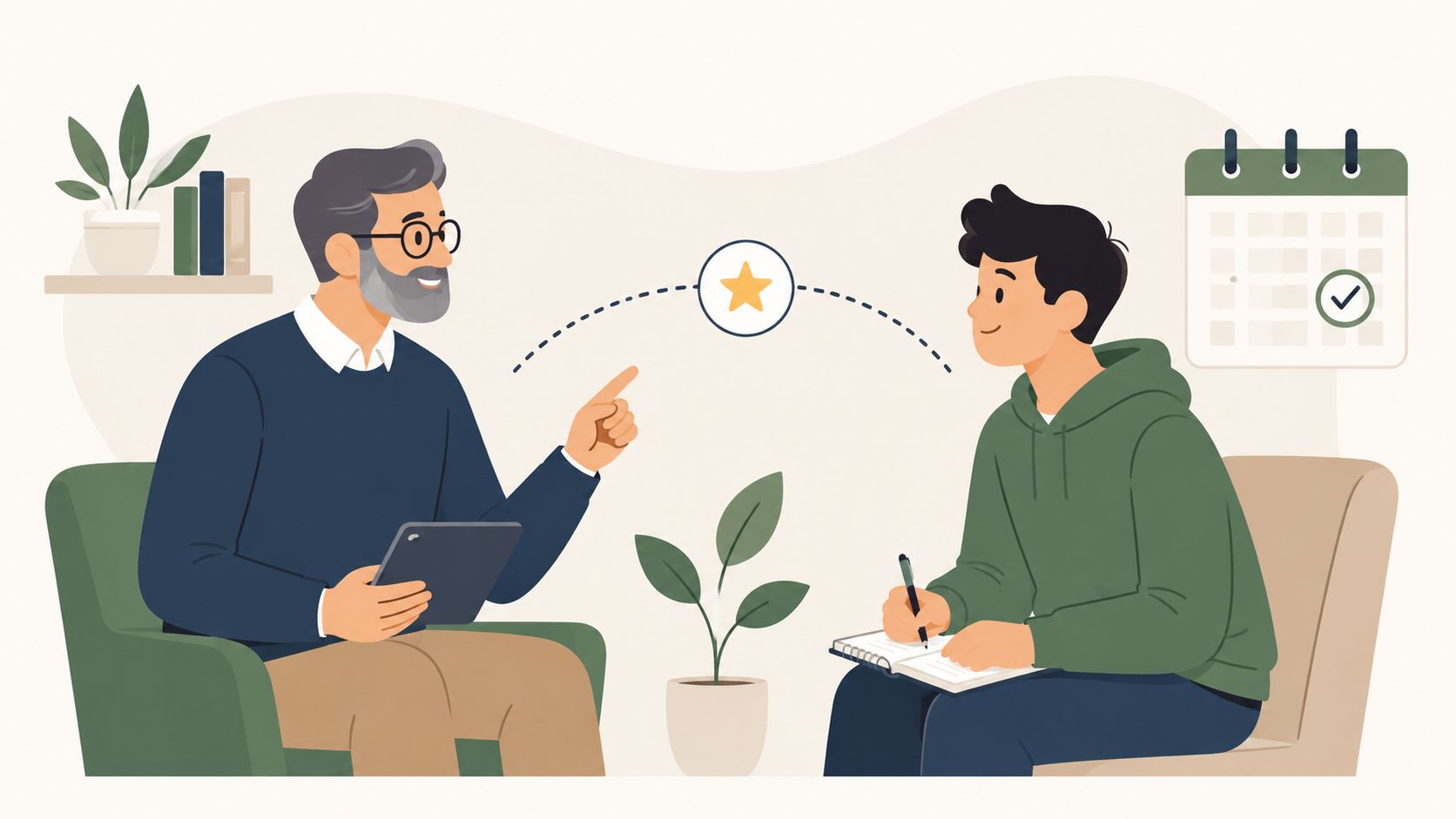A professional mentor providing guidance and feedback to a student during a productive coaching session together.