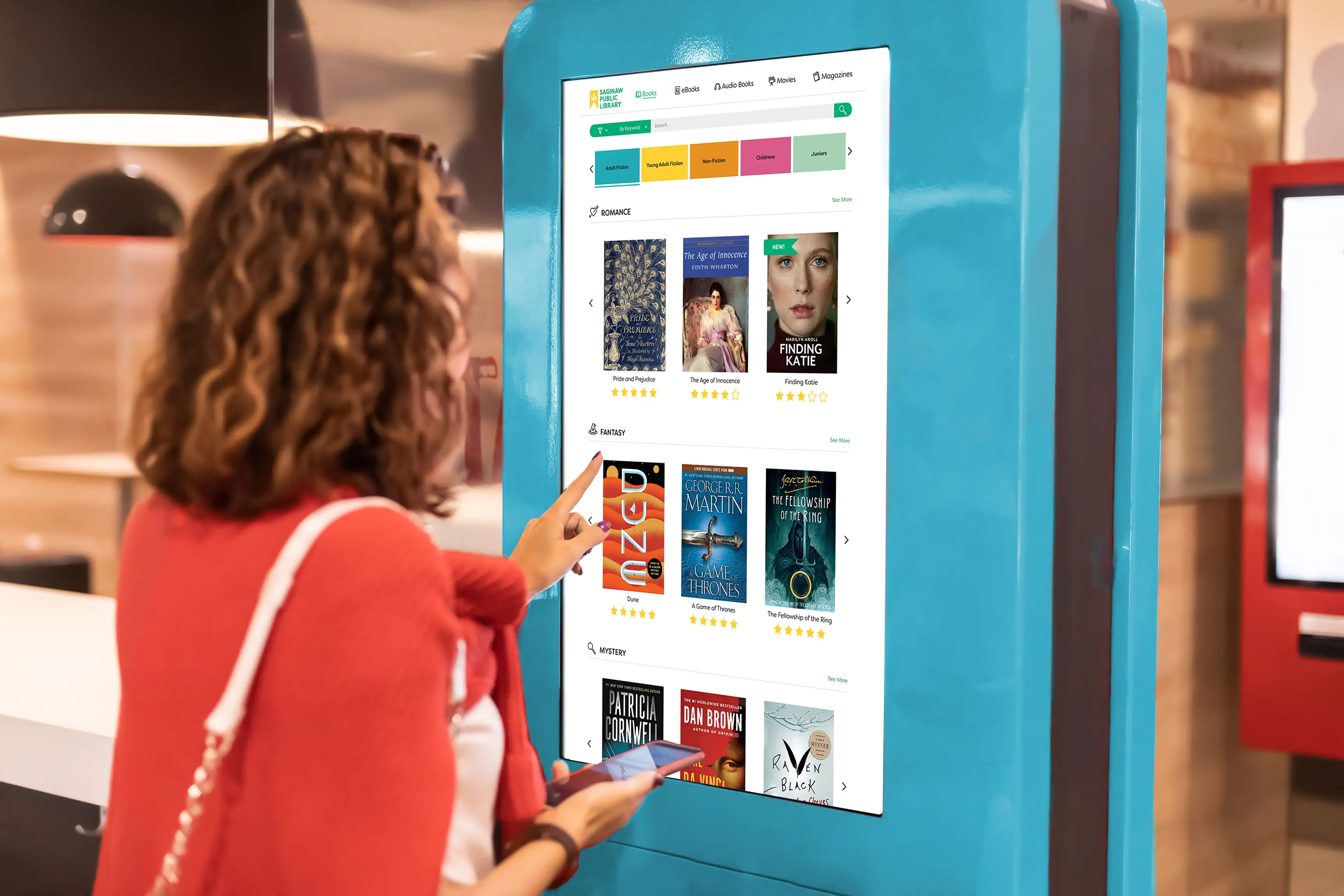 Woman library kiosk interface design