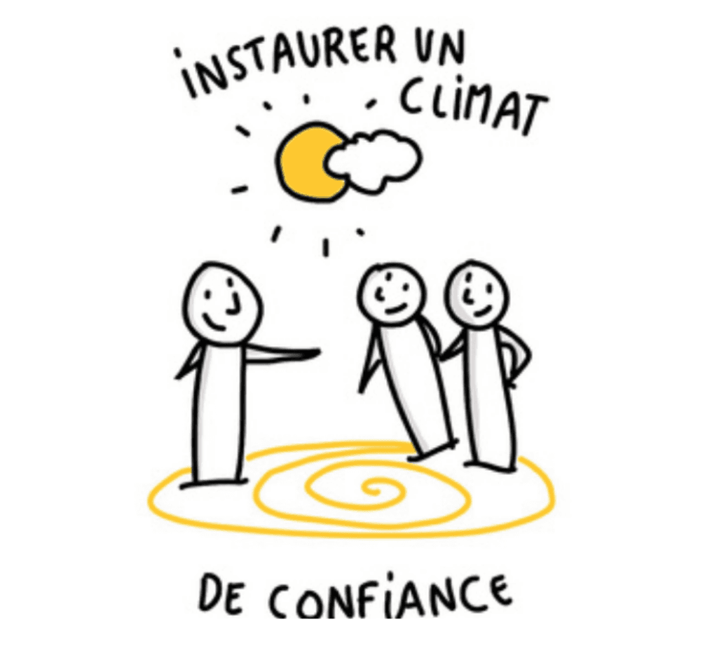 Dessin intitulé « Instaurer un climat de confiance » : trois personnages réunis sous un soleil