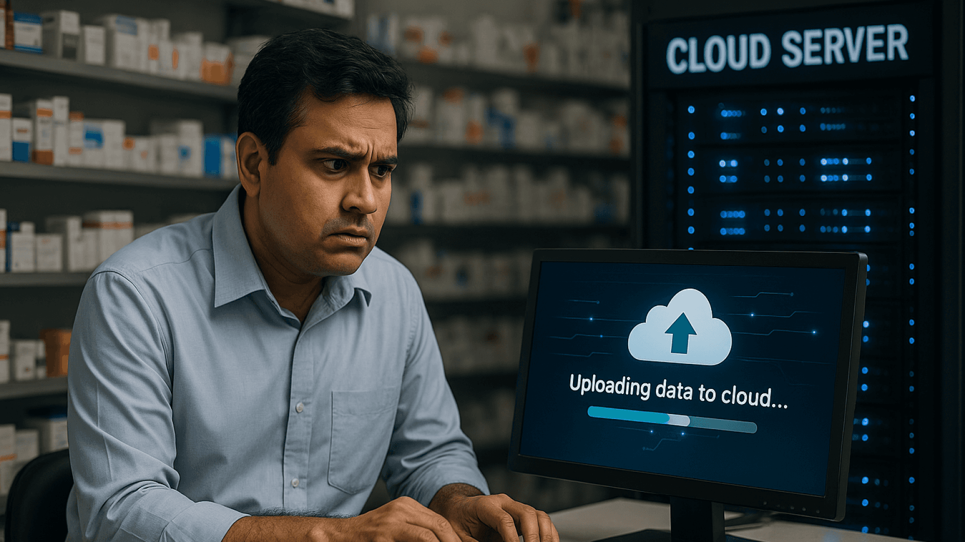 Worried pharmacist looking at screen while uploading data to an unknown third-party cloud server