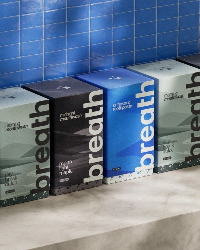 Product packaging design featuring stacked boxes with the word 'breathe' printed on them.