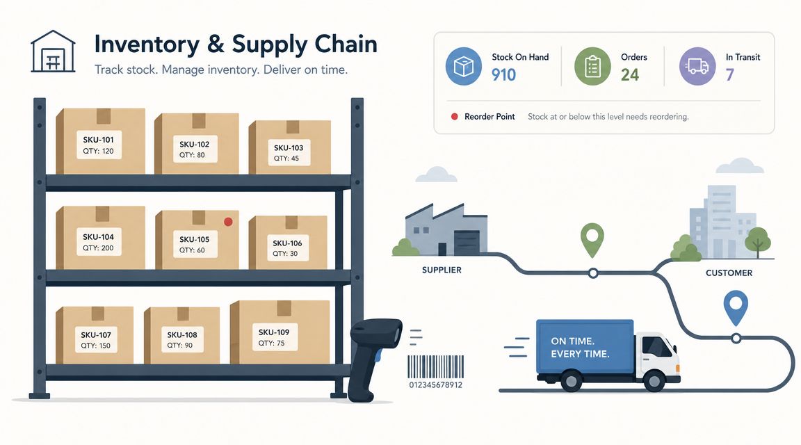 An infographic showing warehouse inventory shelves with labeled boxes, logistics flow, and supply chain management metrics.