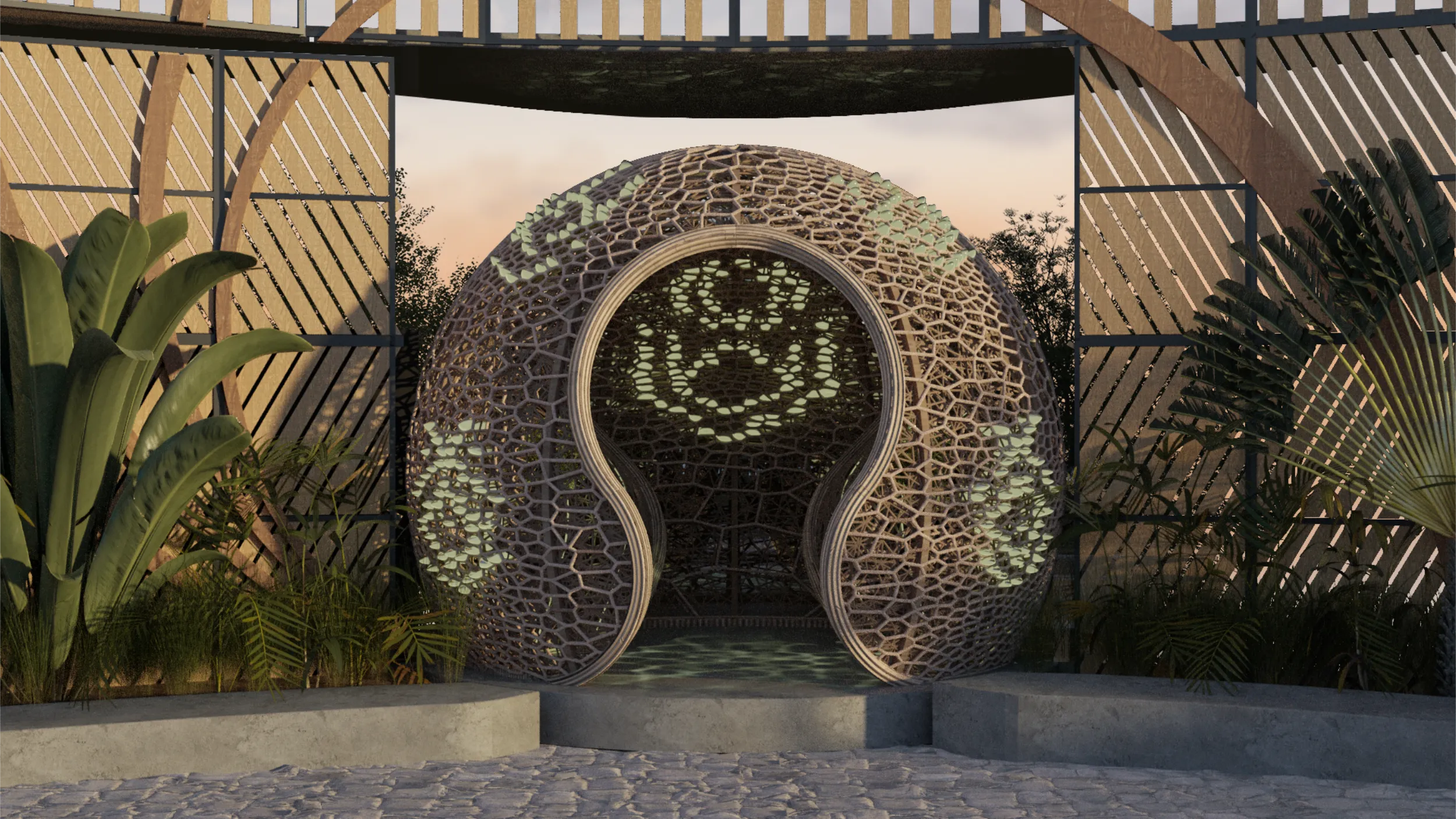 Exterior 3D visualization of the "Nido" (Nest), a spherical bamboo structure inspired by the Mayan serpent scale pattern for EOS Curio Collection by Arquitectura Mixta.