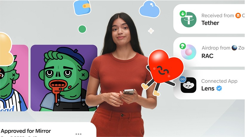 A woman in a red dress holds a phone, surrounded by digital art and social media icons.