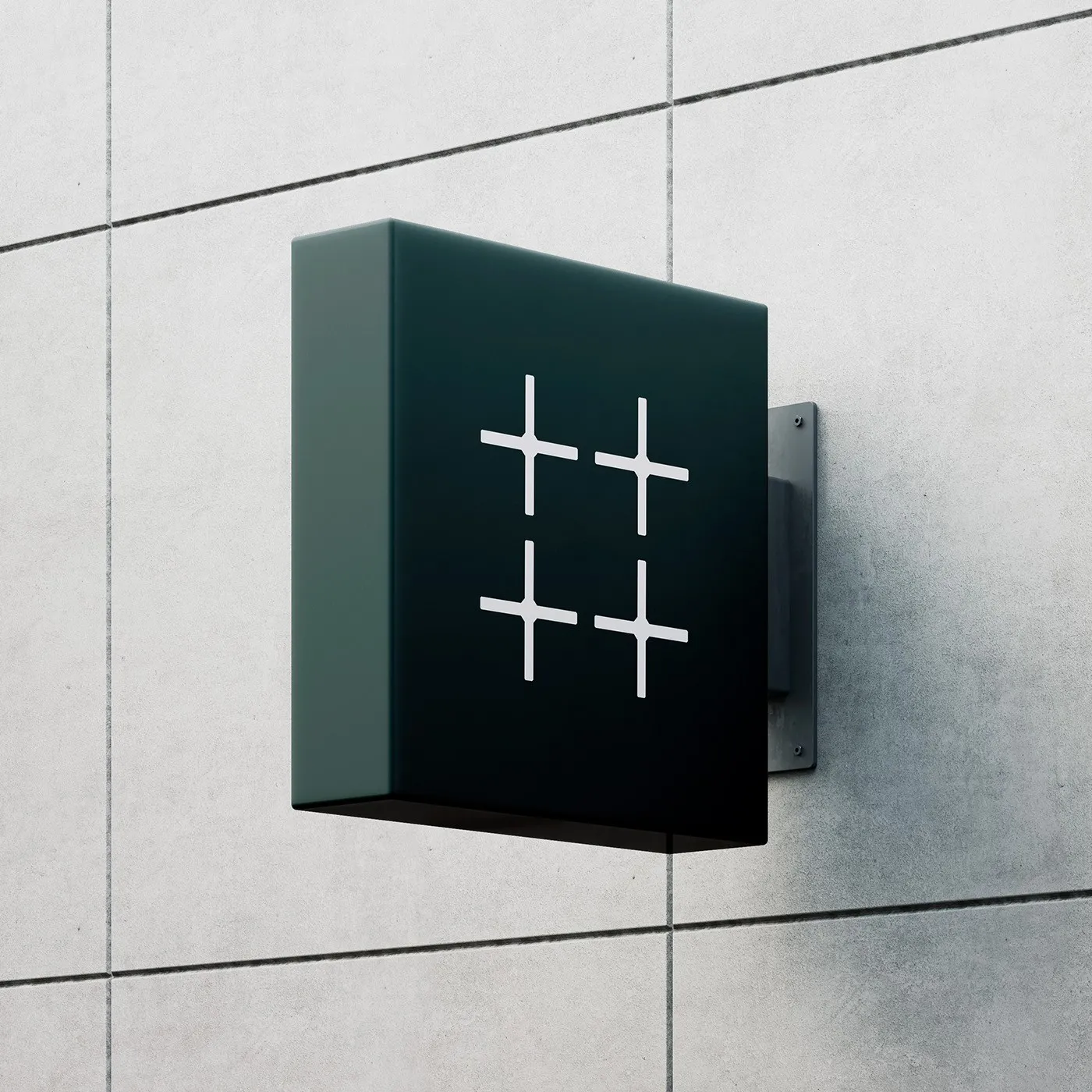 Pad Res square signage with the plus-grid symbol mounted on a tiled wall, brand identity design