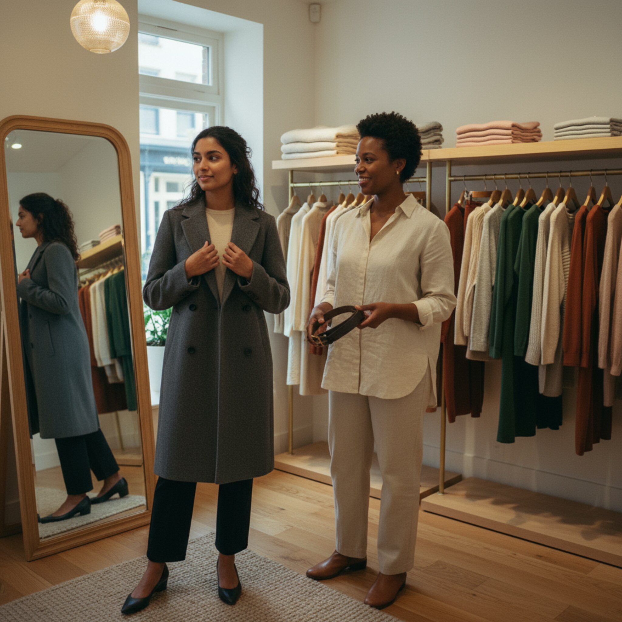 Eine Kundin steht in einer warm ausgeleuchteten Umkleide und probiert einen Mantel vor dem Spiegel an. Eine Mitarbeiterin reicht ihr einen passenden Gürtel und lächelt ermutigend. Im Hintergrund hängen ordentlich sortierte Kleiderstangen. Die Szene wirkt ruhig, persönlich und konzentriert auf den Moment der Stilberatung.