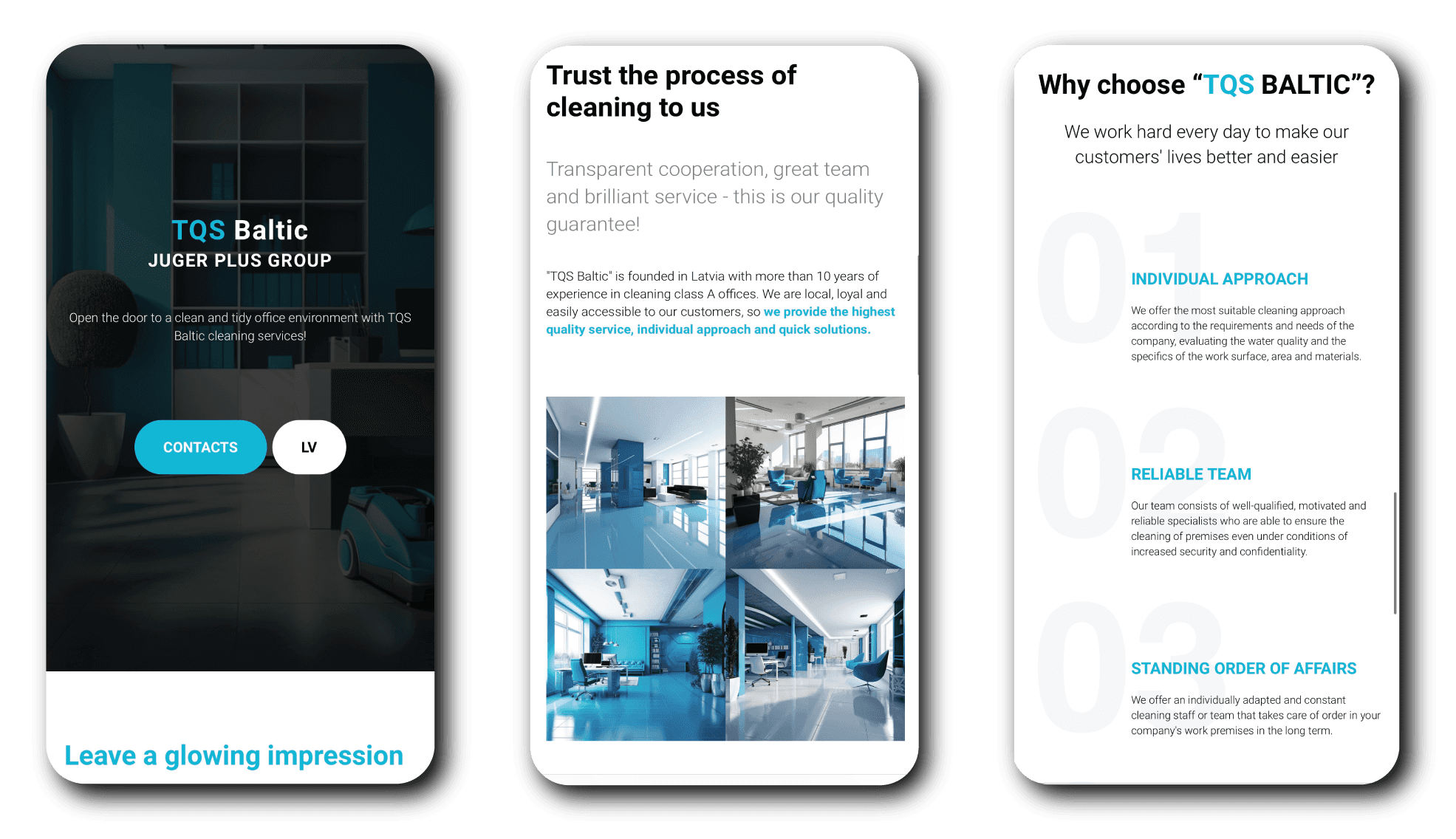 TQS Baltic landing page mobile responsive design showing service sections and contact CTA