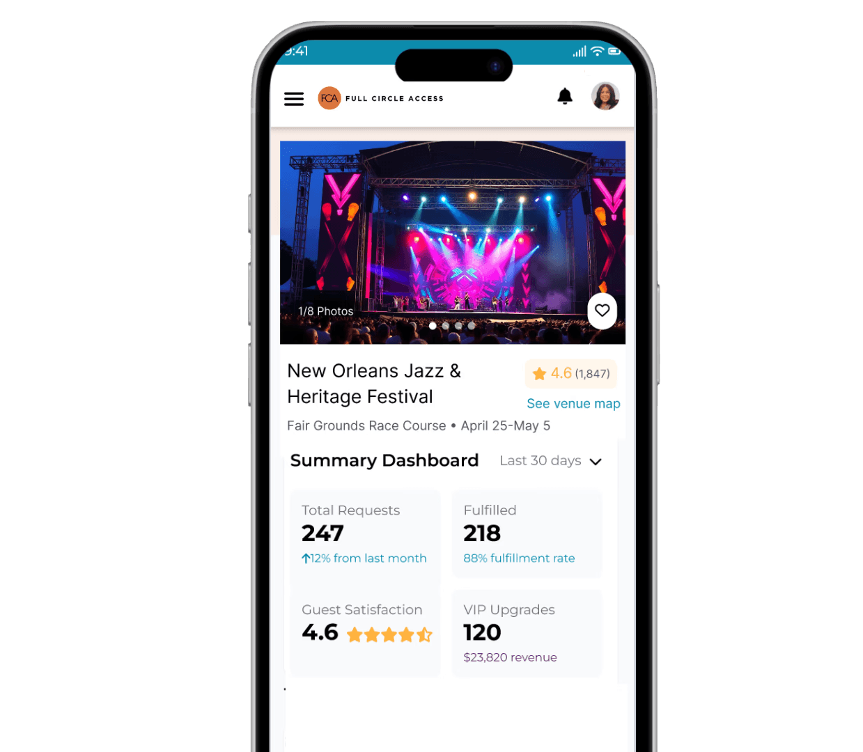 Venue dashboard of guest insights from sample New Orleans Jazz Festival