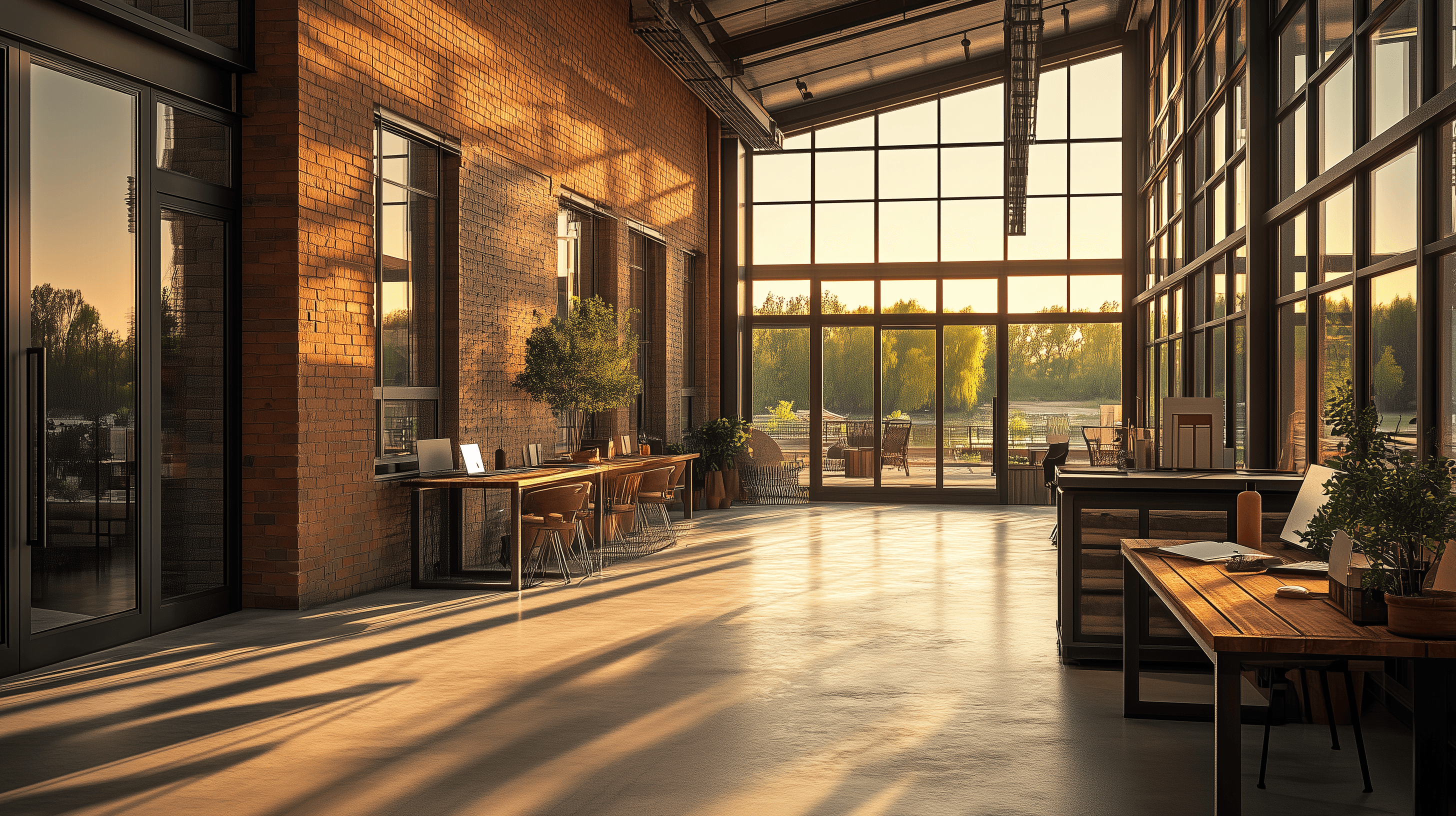 A spacious industrial-style interior with exposed brick walls, large windows, and natural light pouring in during sunset. Wooden desks with plants and workspace materials are arranged along the walls, with a view of greenery and an outdoor seating area.