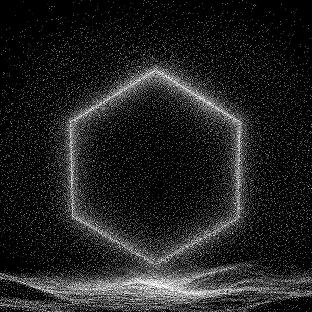 a 3d shape floating over uncertain landscape, the one ahead clearing the path, the one behind trusting the hold, white stippling on pure black, fine particle simulation, luminous pointillist rendering, monochrome scientific visualization, no color