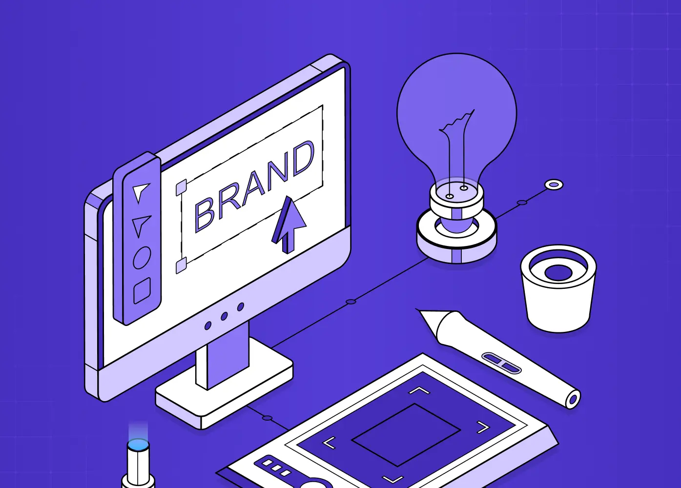 Illustration of a computer monitor displaying a brand design, alongside a light bulb, drawing tools, and a tablet, representing digital branding and creative design.
