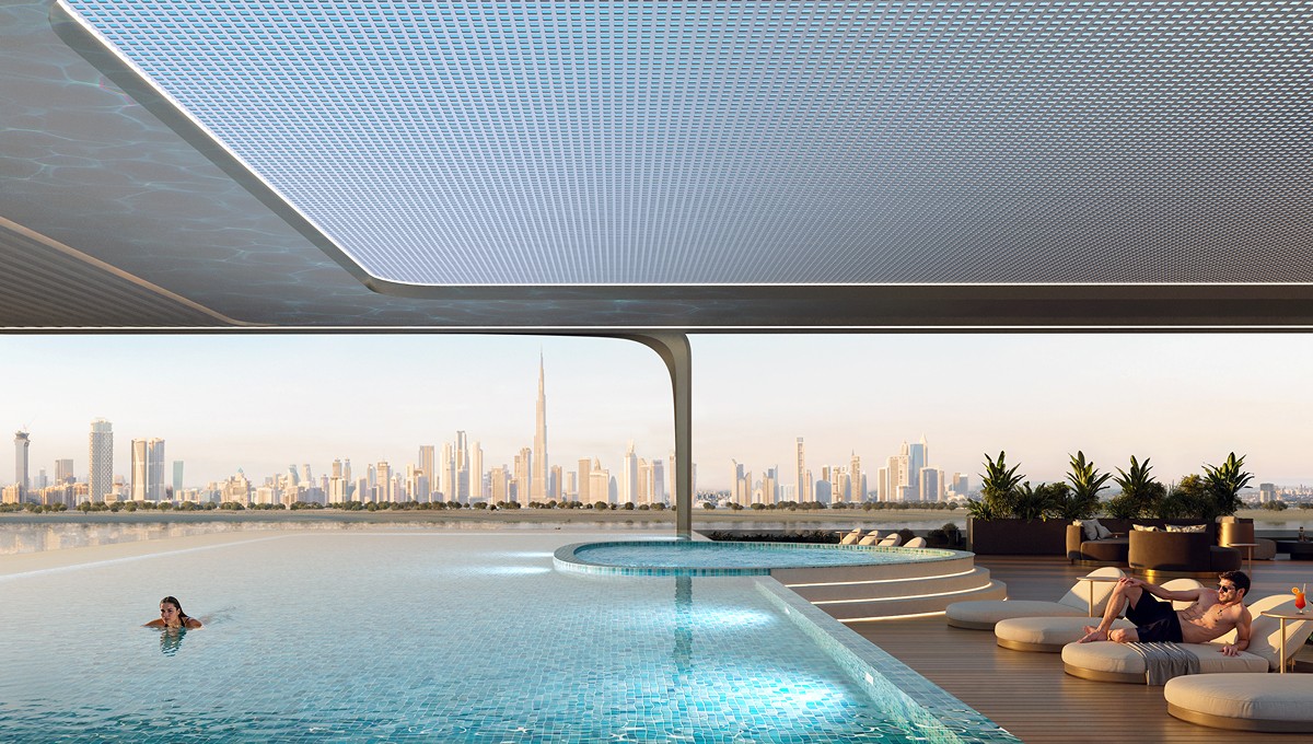 Rendering of the pool at Arka Enclave, showcasing a modern design surrounded by lush landscaping and lounge areas.
