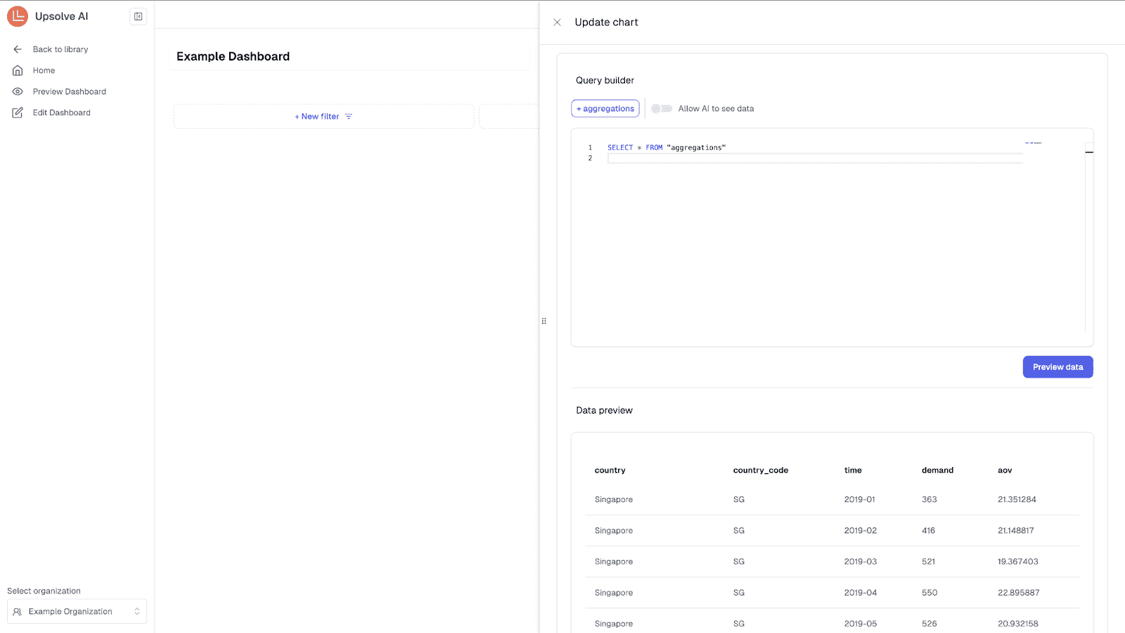 Query builder interface showing aggregated financial data with a preview table used to clean and structure dashboard metrics