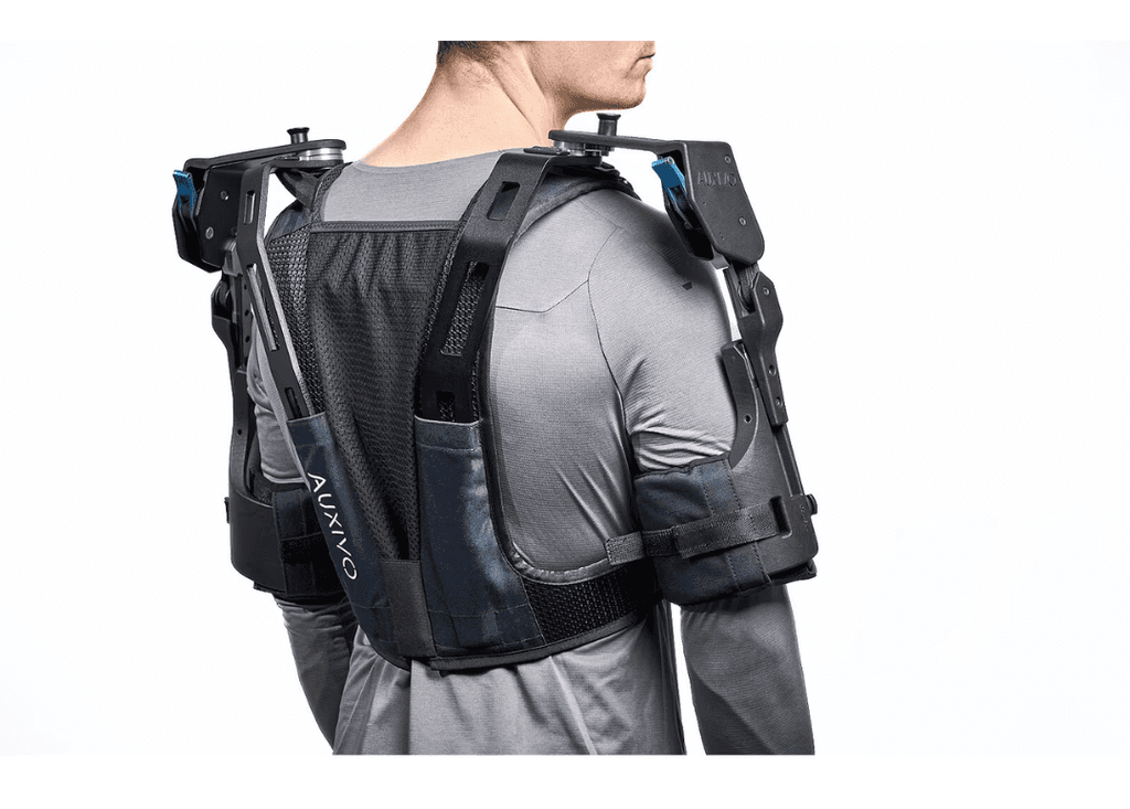 DeltaSuit exoskeleton optimized for shoulder and back support during overhead tasks, reducing muscle fatigue.