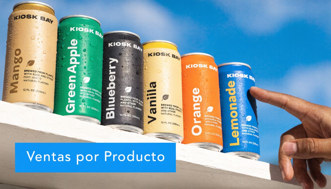 Latas de bebidas de sabores Kiosk Bay sobre una superficie blanca bajo un cielo azul despejado.